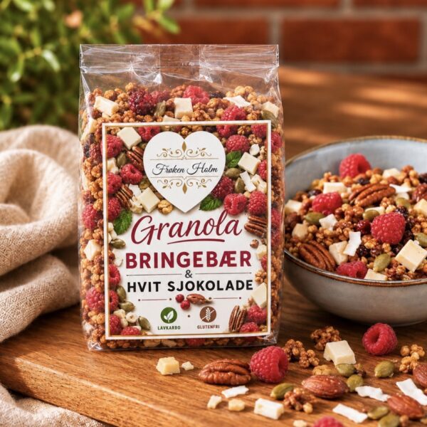 NYHET! Granola Bringebær & Hvit sjokolade